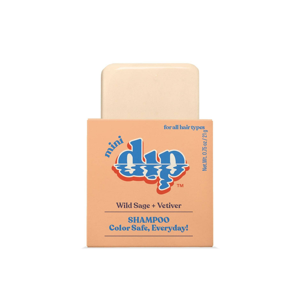 Dip Mini Shampoo Bar in Wild Sage and Vetiver scent in peach colored packaging