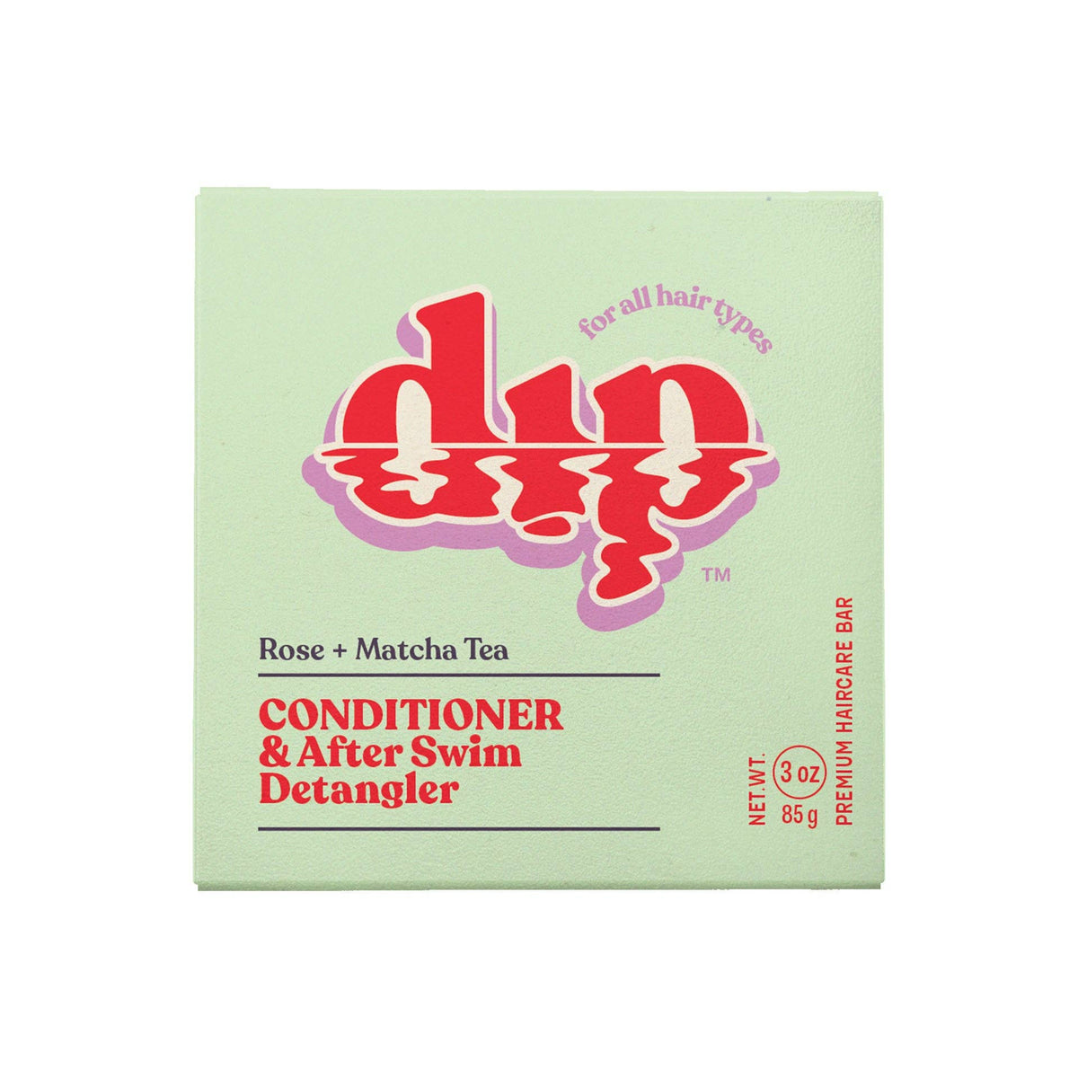 Dip Rose and Matcha Tea conditioner and after swim detangler bar in light green packaging