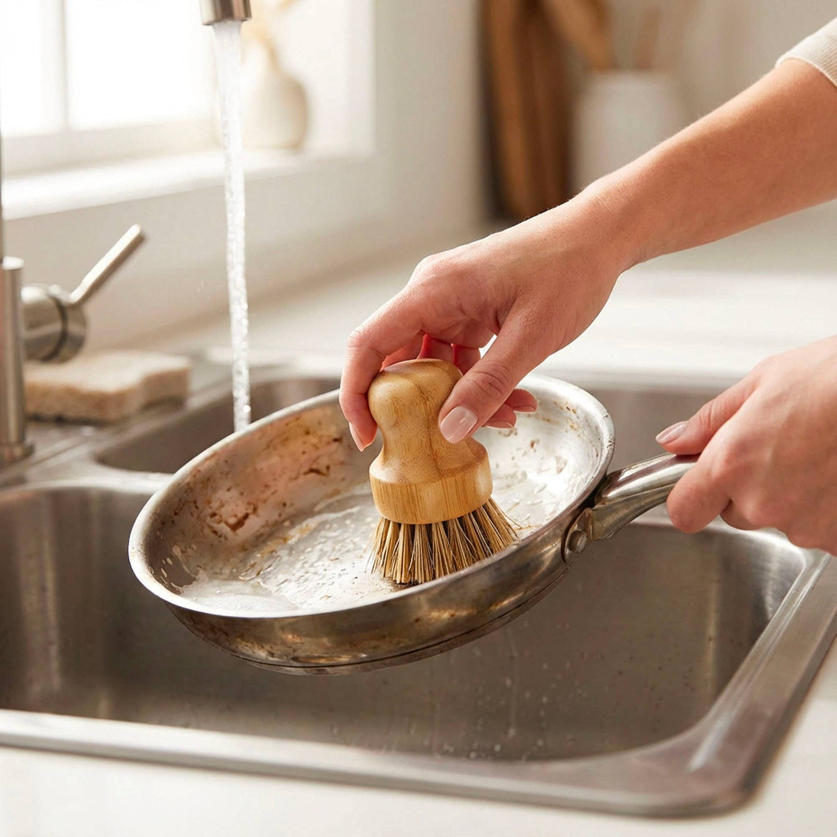 Bamboo Switch bamboo pot scrubber cleaning a stainless steel pan under running water in a kitchen sink