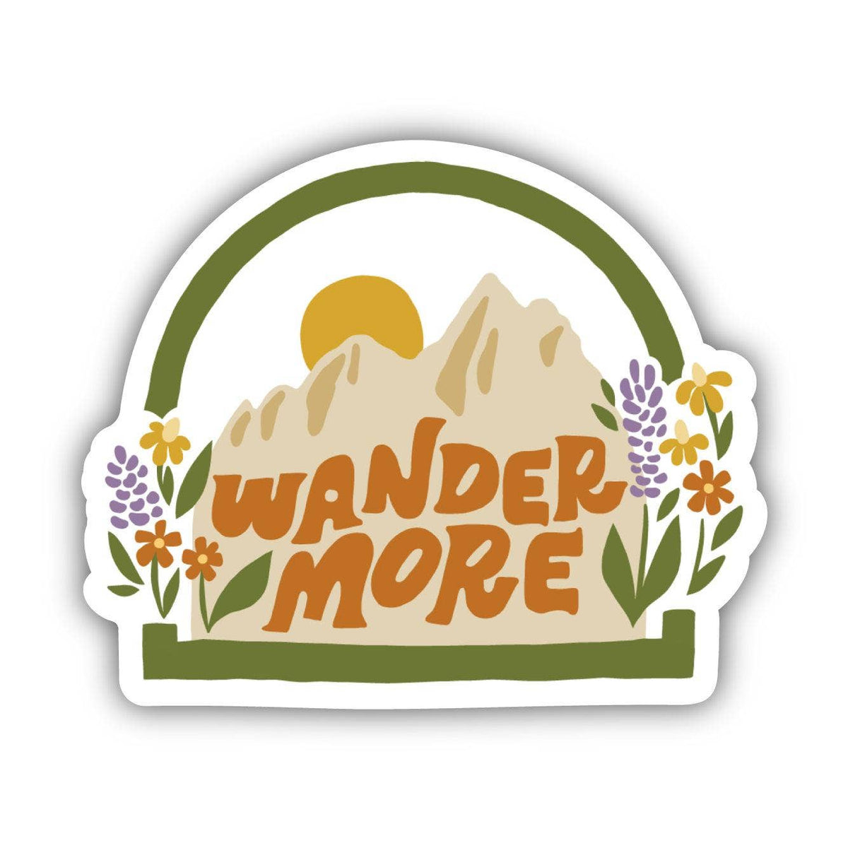 Big Moods Wander More nature sticker featuring mountains sun and wildflowers