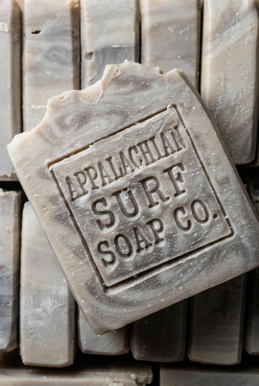 A close-up of a rectangular bar of soap with embossed Cyrillic text, resting on top of a stack of similar soap bars.