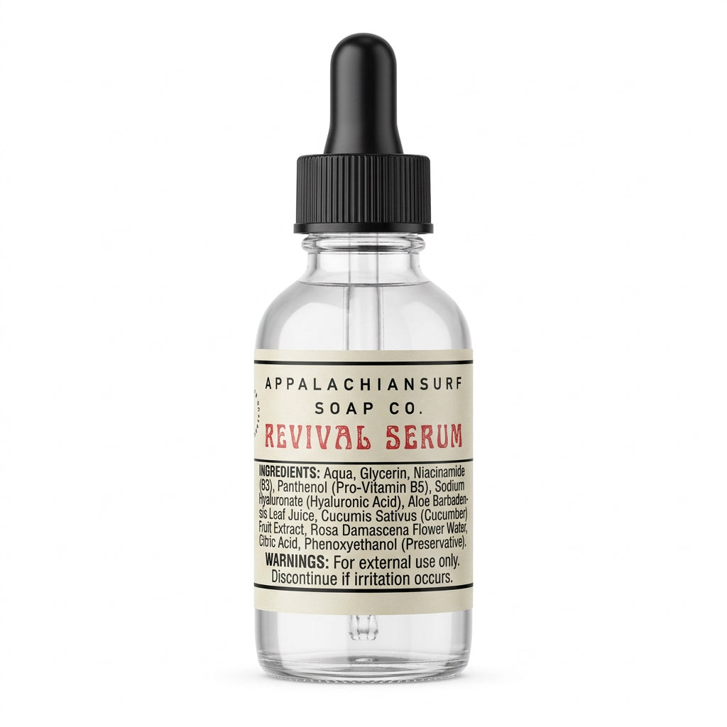 A hand holding a small clear glass dropper bottle labeled 'APPLACHIAN SUIT SOAP CO. REVIVAL SERUM' with a black dropper cap, against a dark textured background.