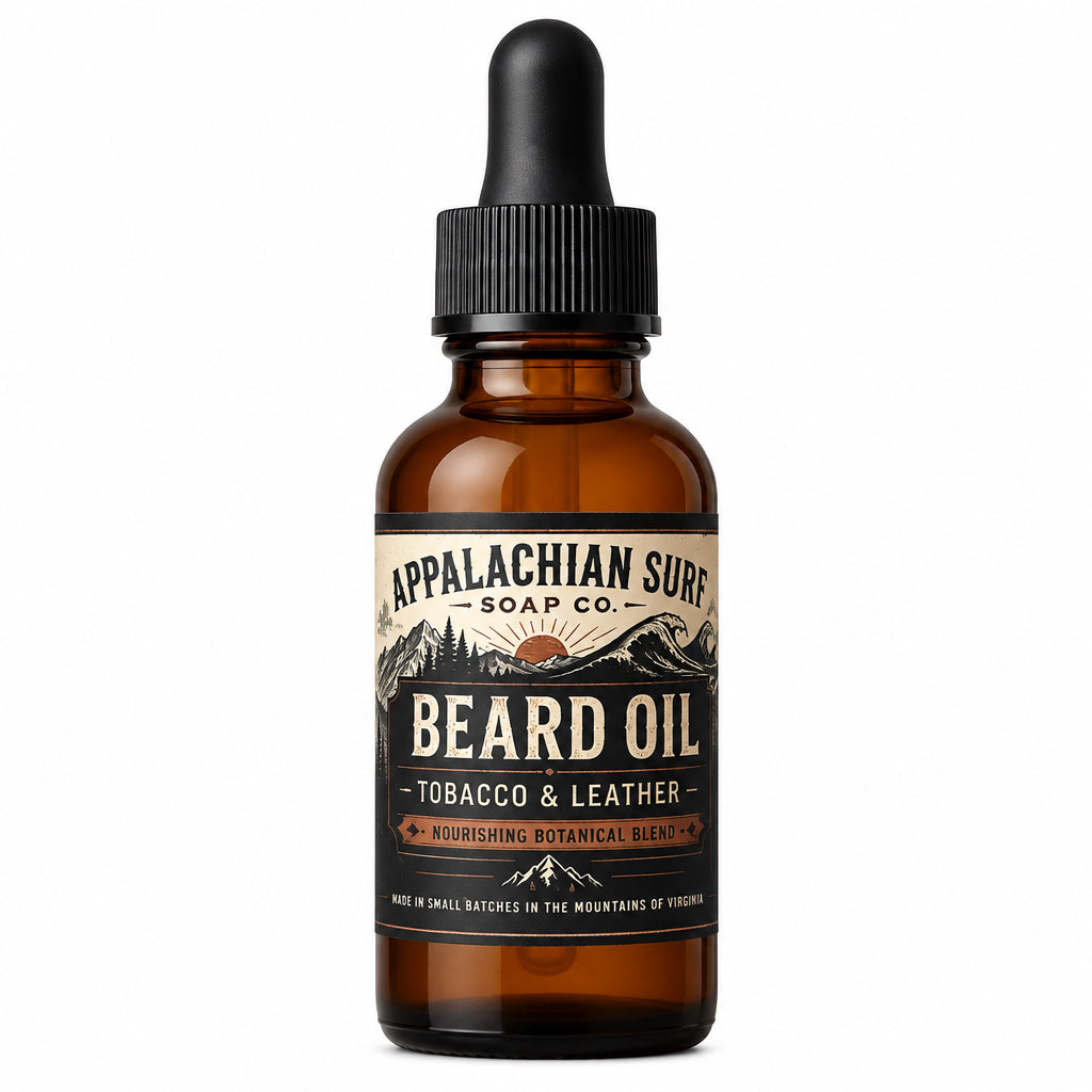 Appalachian Surf Soap Co Tobacco and Leather beard oil in an amber glass dropper bottle