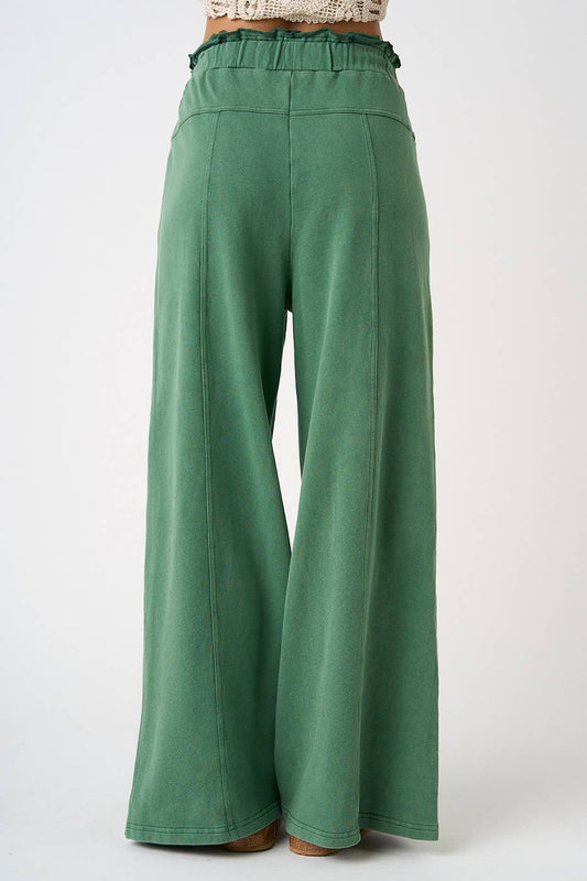 Green wide-leg pants with an elastic waistband, shown from the back on a model against a light gray background.