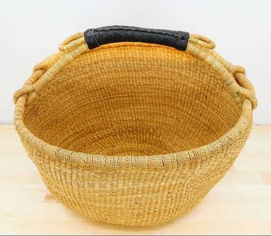 Gitzell FairTrade natural woven market basket with a black leather wrapped handle