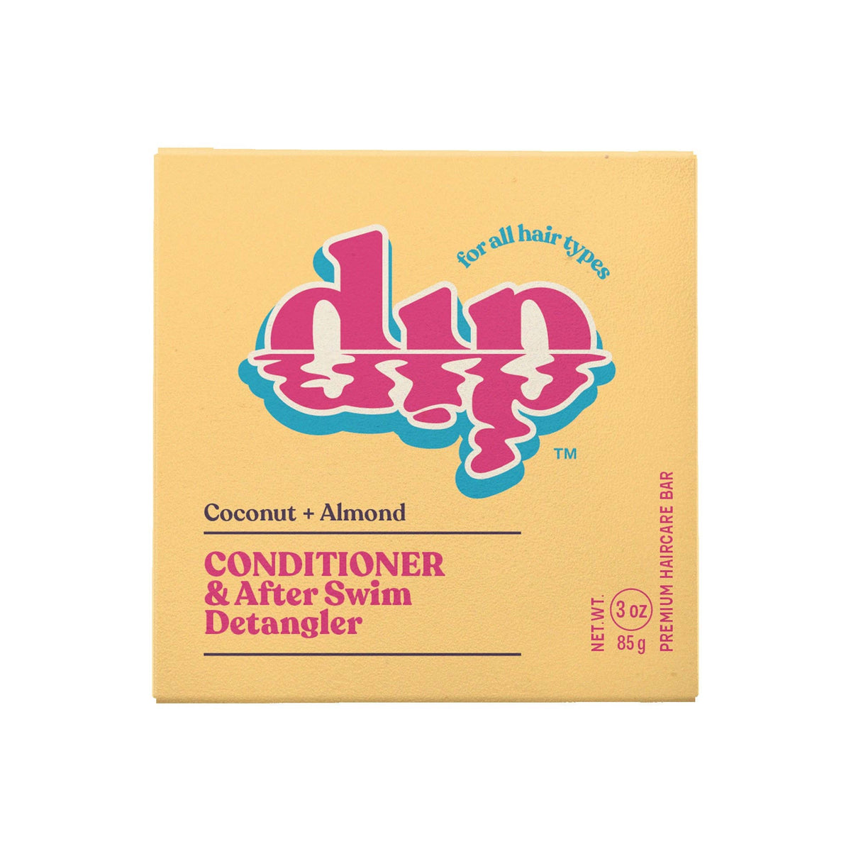 Dip Coconut and Almond conditioner and after swim detangler bar in yellow packaging