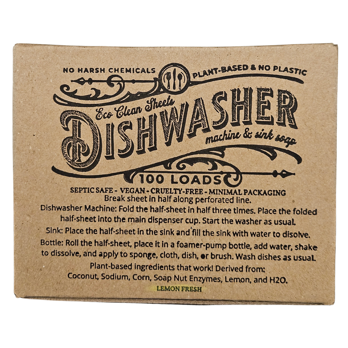 A square kraft-paper style box of Eco Clean Sheets dishwasher machine and sink soap, labeled for 100 loads, with printed instructions and product details on a plain white background.