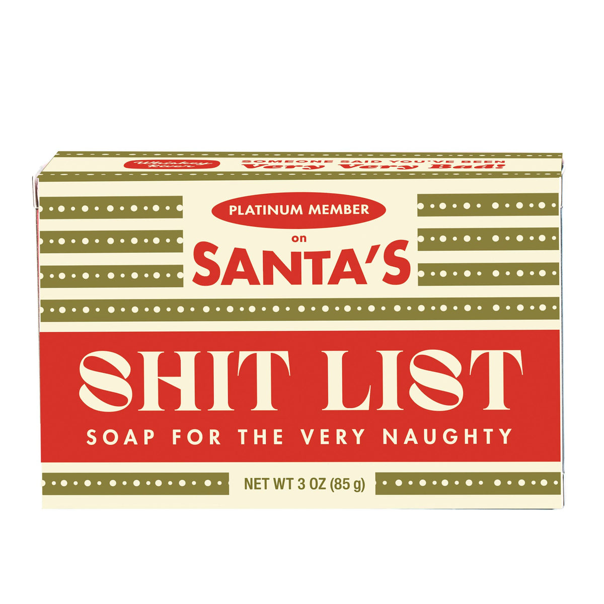 Whiskey River Soap Co Santas Shitlist triple-milled bar soap in a red and cream holiday themed box