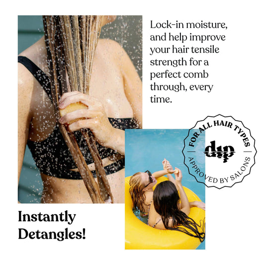 Dip Mini Conditioner and After Swim Detangler bar being used in the shower and at a pool