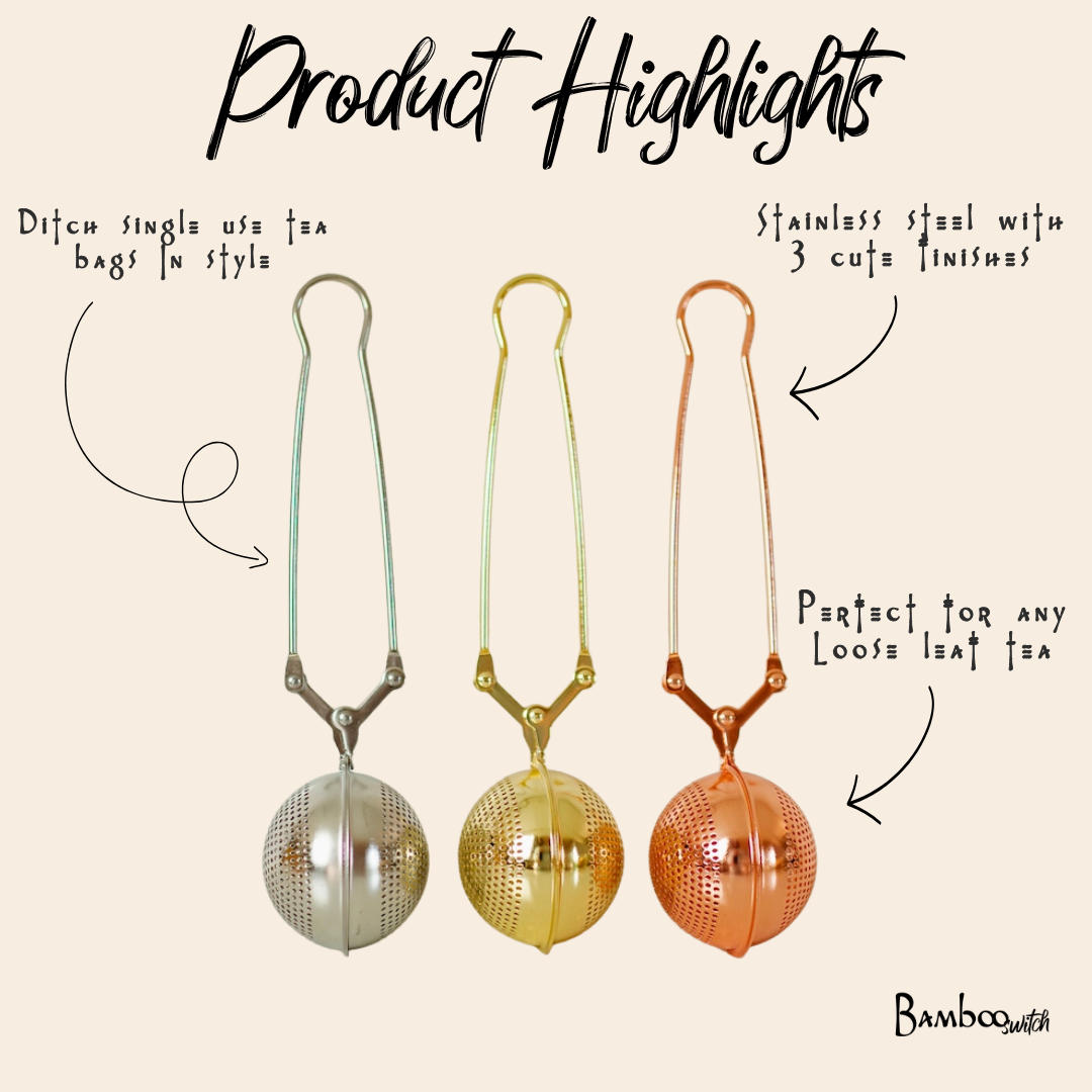 Bamboo Switch stainless steel tea strainers in silver gold and copper finishes with product highlight text
