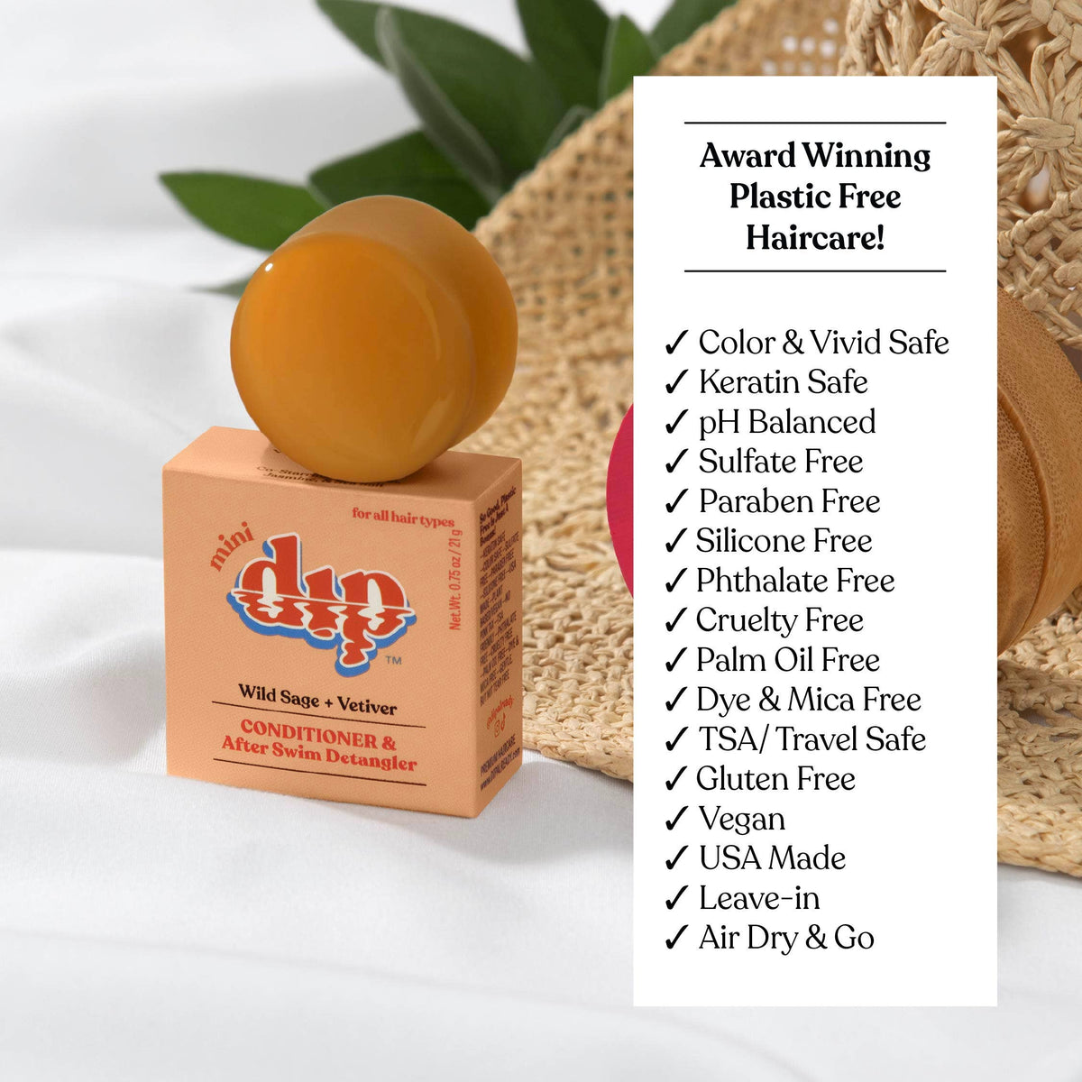 Dip Mini Conditioner and After Swim Detangler bar in Wild Sage and Vetiver with a list of product benefits