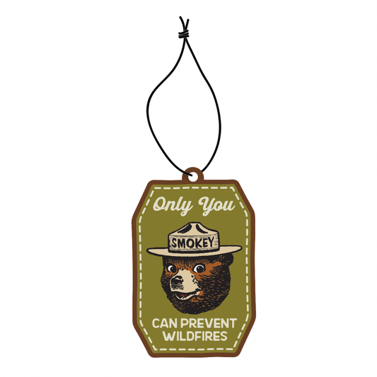 Good and Well Supply Co Cypress and Fir Smokey Bear air freshener with Only You Can Prevent Wildfires text