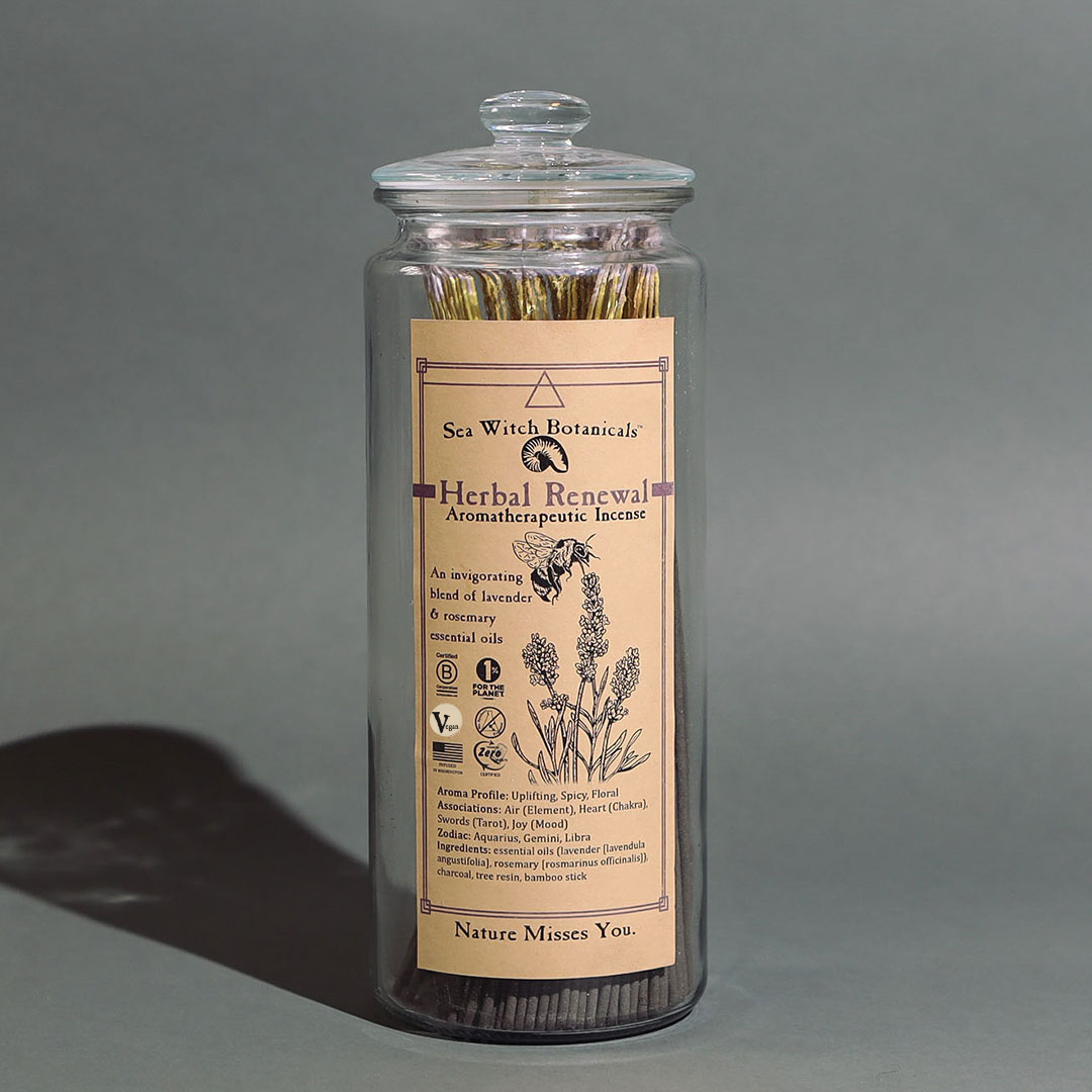 Sea Witch Botanicals Herbal Renewal lavender and rosemary incense sticks in a glass jar