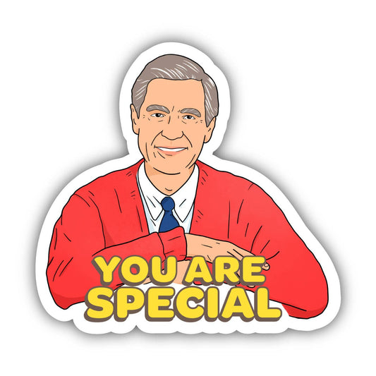 Sticker with a person in a red sweater and blue tie, with 'YOU ARE SPECIAL' text on a white background