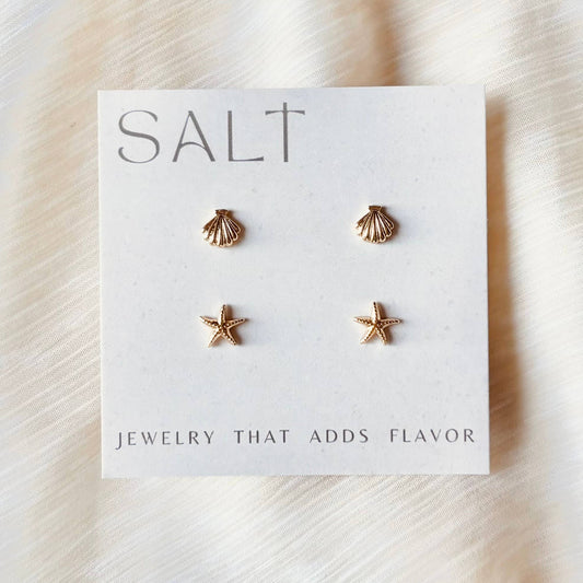COASTAL STUD SETS | 18k gold | seashell & starfish earrings