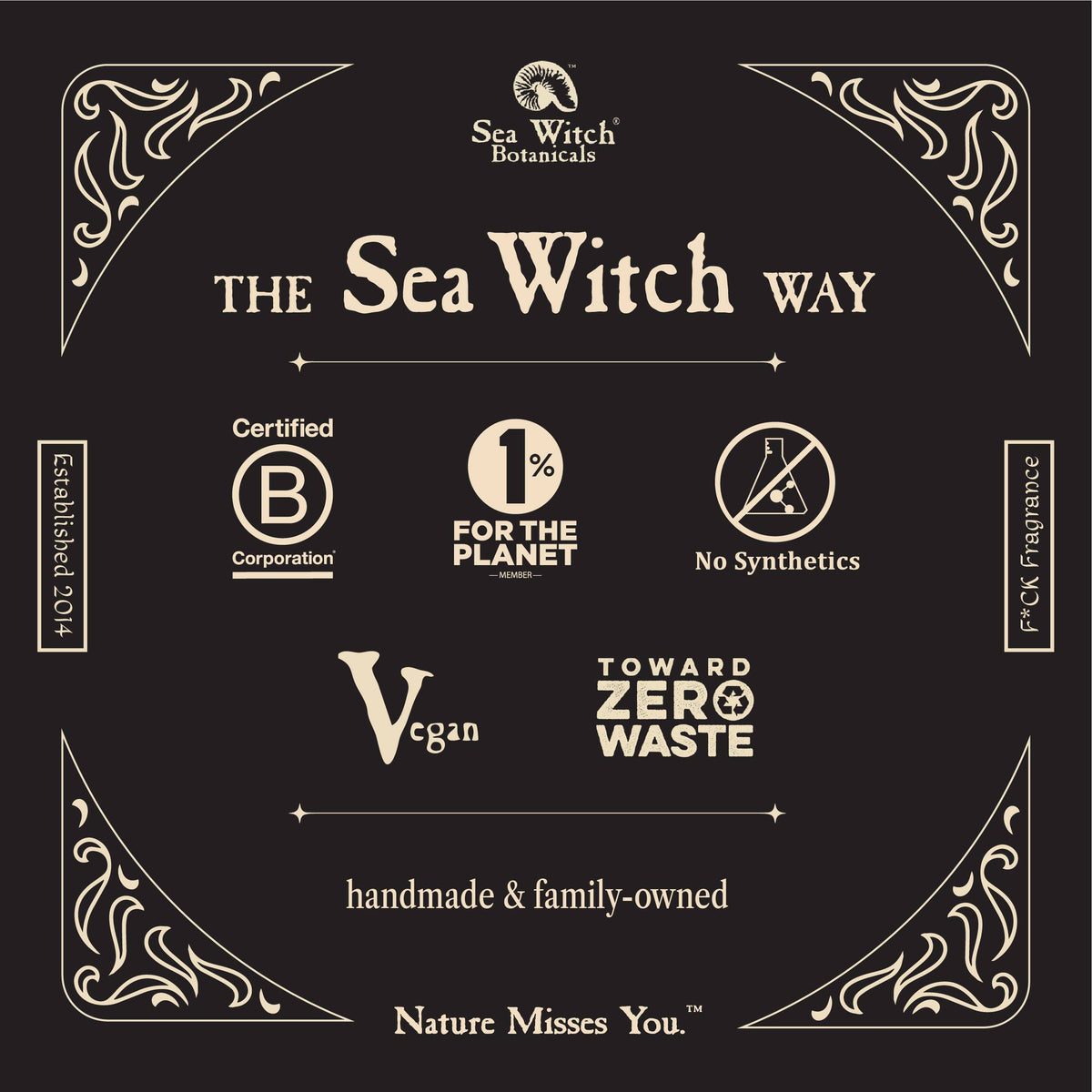 Sea Witch Botanicals brand values graphic showing B Corp, 1% for the Planet, vegan, and zero waste certifications