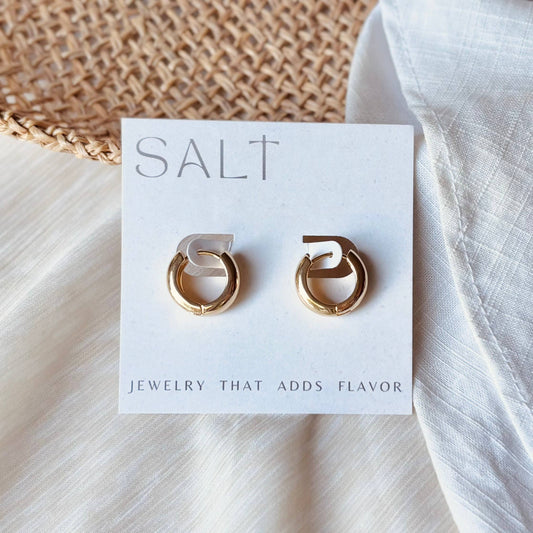 SALT by Sarah Curtis Chubbie Hoops gold earrings on branded display card