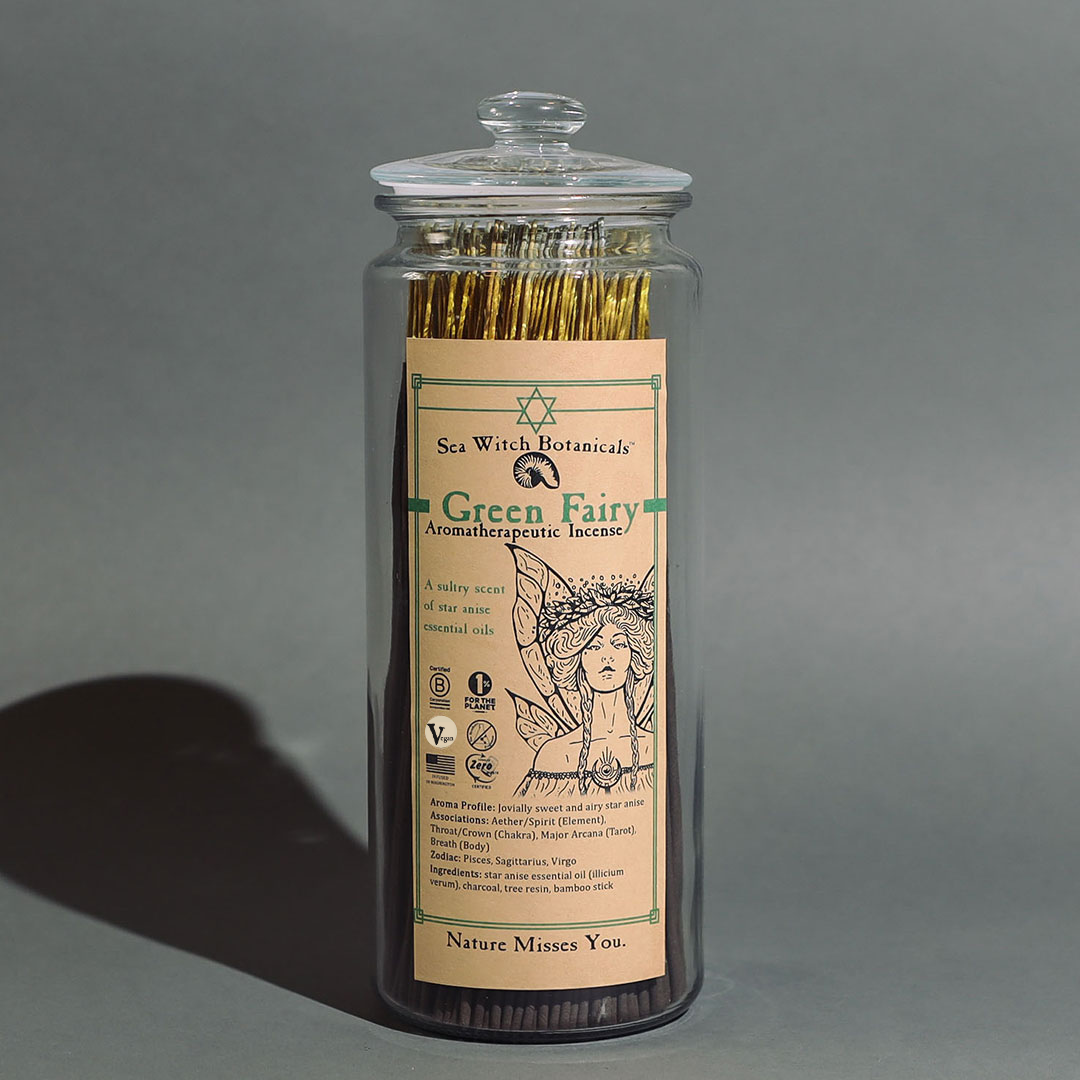 Sea Witch Botanicals Green Fairy incense sticks in a glass jar with a label featuring a fairy illustration