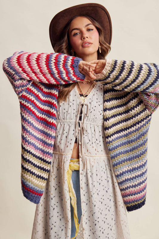 Listicle Chunky Multi Stripe Knit Cardigan LSW0731 featuring a vibrant chevron pattern