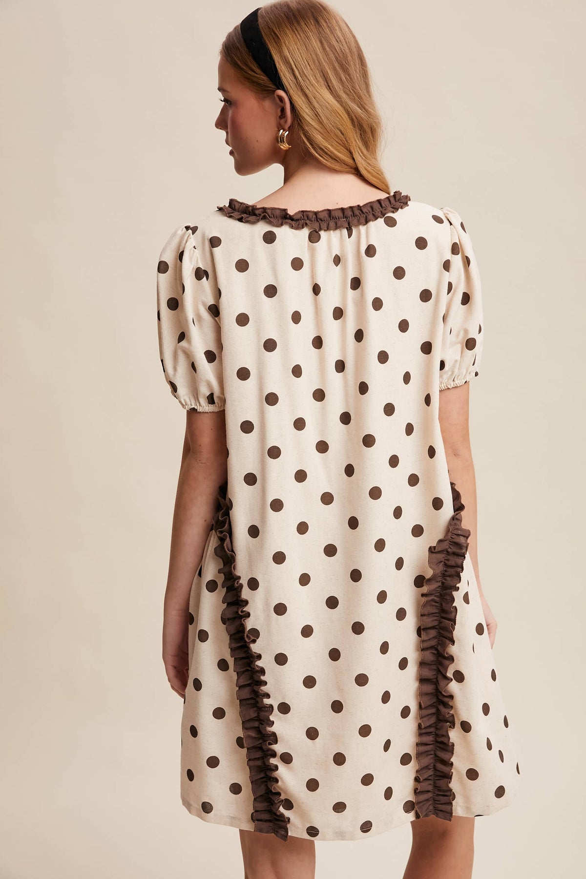 Back view of Listicle Polka Dot Ruffle Mini Dress LD1608 in cream with brown polka dots and brown ruffle trim