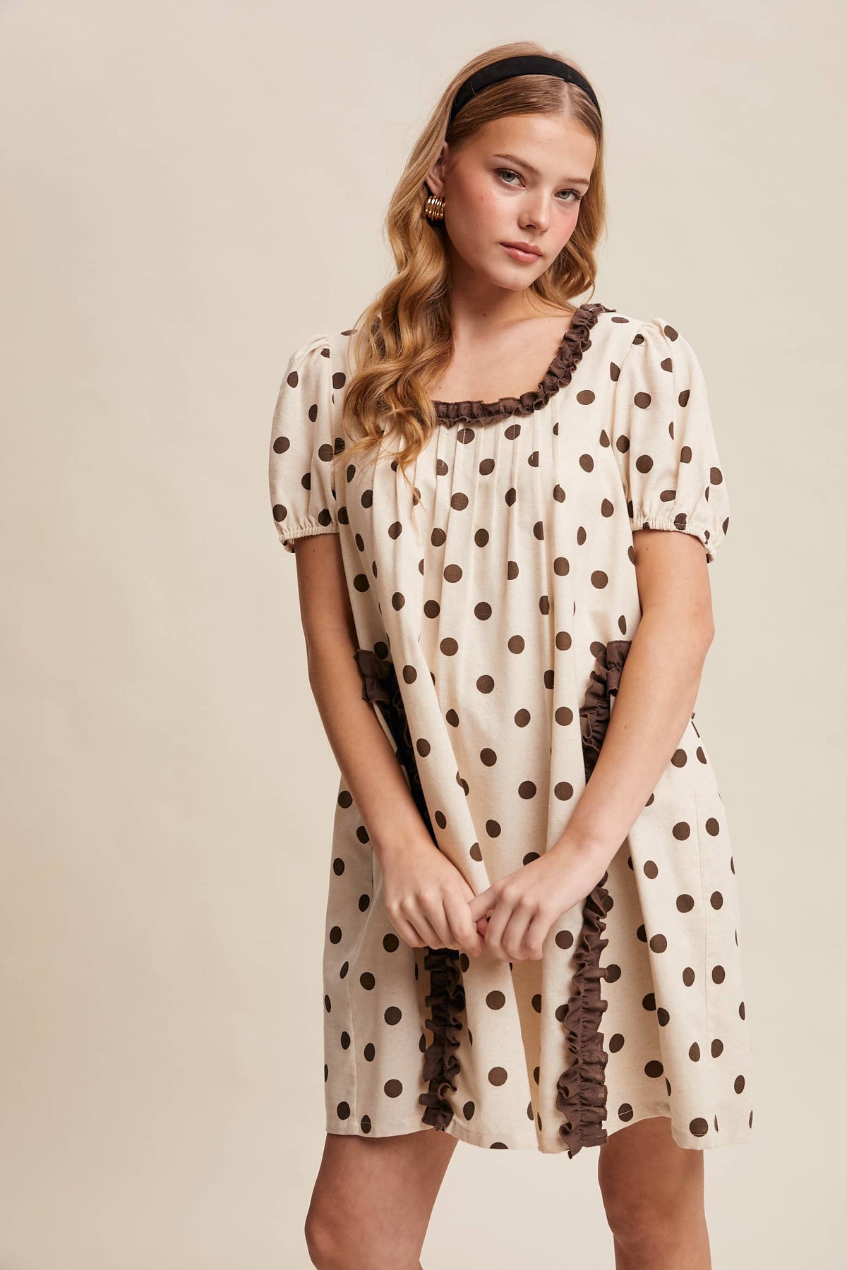 Listicle Polka Dot Ruffle Mini Dress LD1608 in cream with brown polka dots and brown ruffle trim