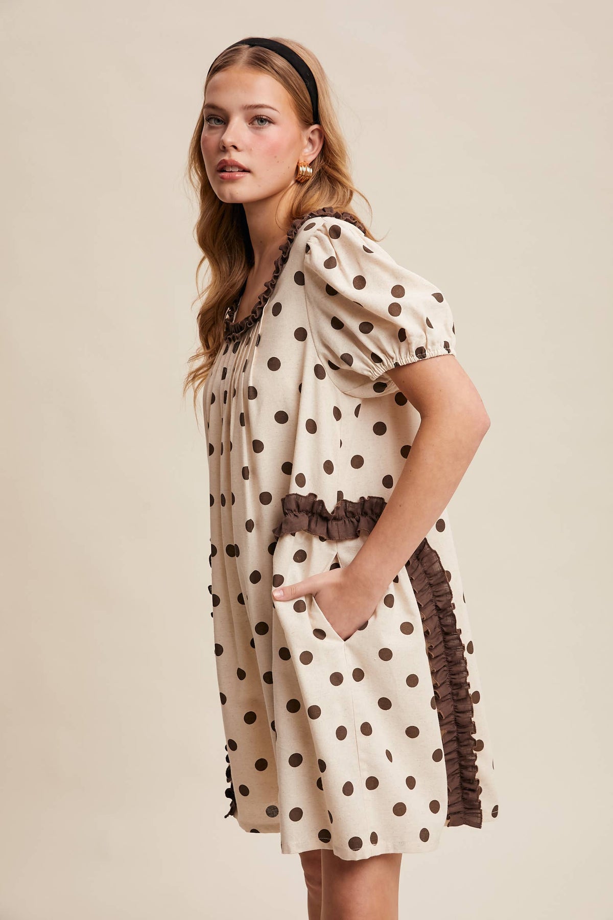Listicle Polka Dot Ruffle Mini Dress LD1608 in cream with brown polka dots and brown ruffle trim