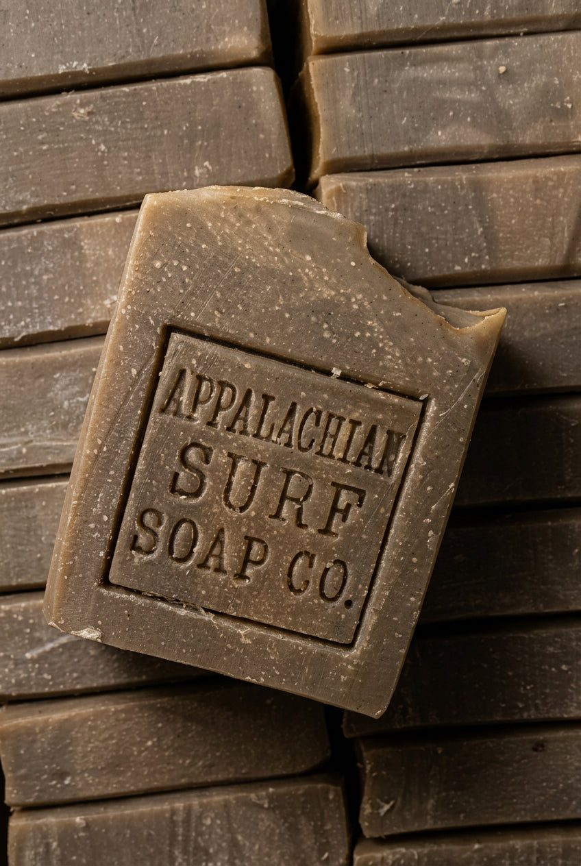 A rectangular bar of soap with a rough, natural texture and a broken edge, embossed with the text 'APPALACHIAN SURF SOAP CO.' It is stacked on top of other similar soap bars.