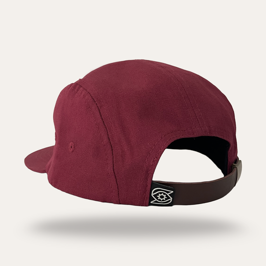 Back view of burgundy Sunday Lounge Bee Eye Hat with leather strap and brand logo patch