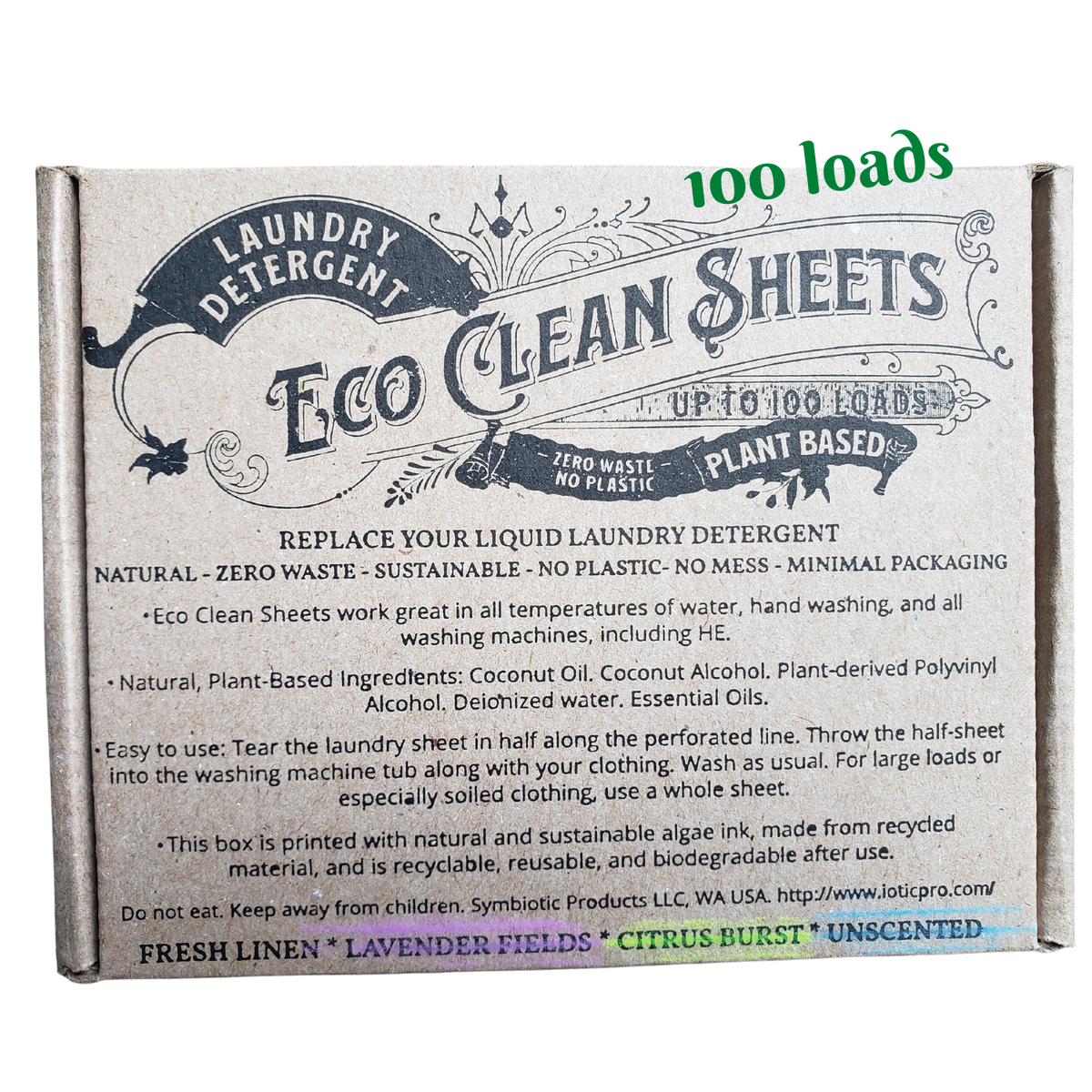 Eco Clean Sheets laundry detergent packaging by Symbiotic Products LLC for 100 loads