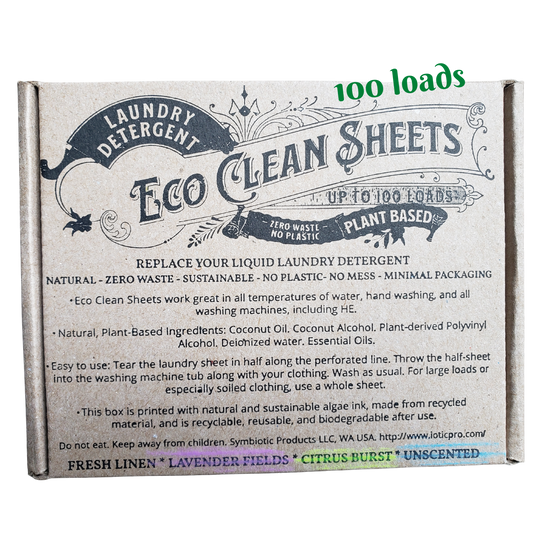 Eco Clean Sheets laundry detergent packaging by Symbiotic Products LLC for 100 loads