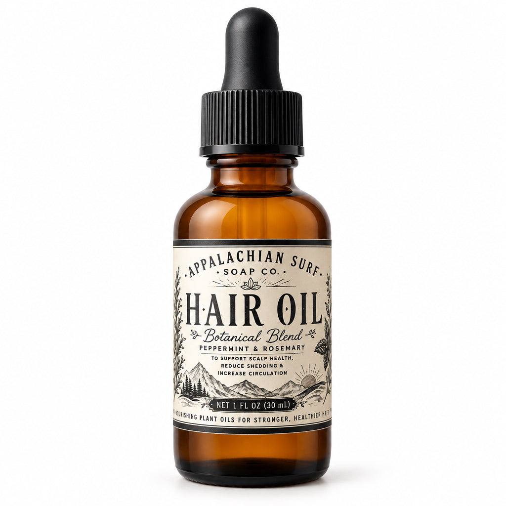 Appalachian Surf Soap Co Scalp and Hair Oil in an amber glass dropper bottle