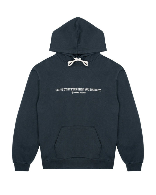 A dark navy blue pullover hoodie with white drawstrings and a white printed slogan on the chest reading 'MAKING IT BETTER BEFORE YOU NEED IT' with '@PAMELAPROJECT' underneath, shown against a plain white background.