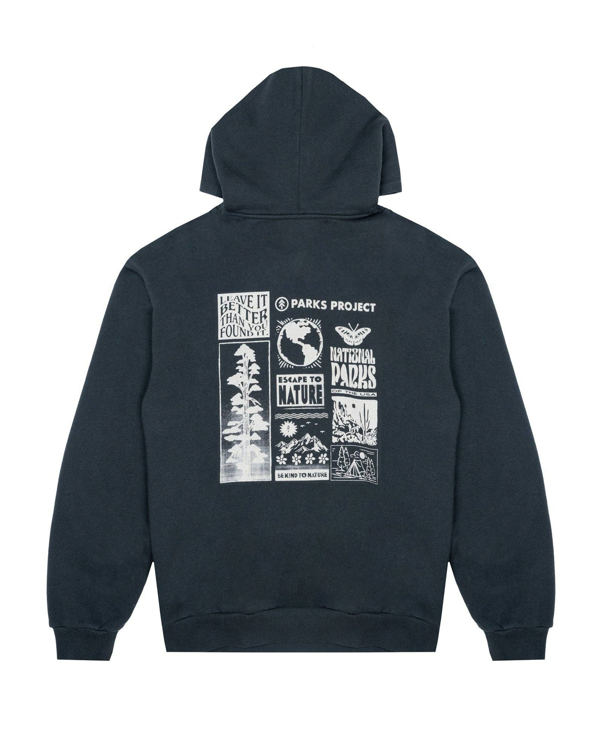 A dark navy blue hoodie shown from the back, featuring a large white graphic collage with text and illustrations on the back panel.