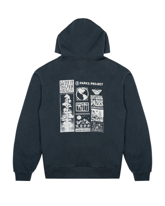 A dark navy blue hoodie shown from the back, featuring a large white graphic collage with text and illustrations on the back panel.