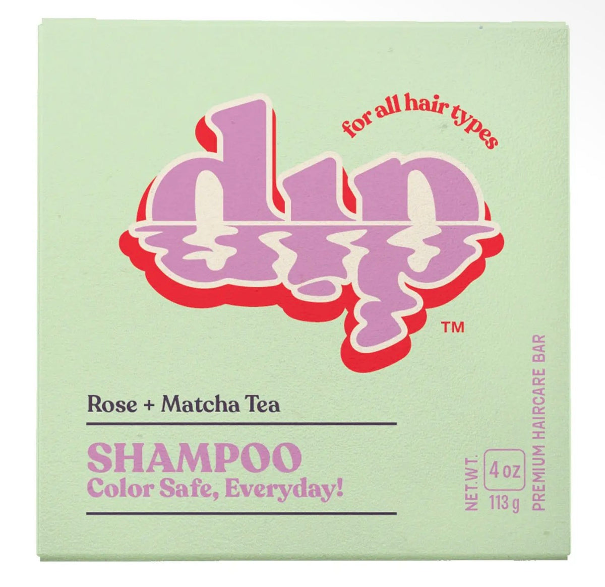 Front of a Dipp shampoo box in the Rose + Matcha Tea scent. The packaging features a light mint green background with a large pink and red wavy 'dipp' logo and text indicating it is a color-safe, everyday shampoo for all hair types.