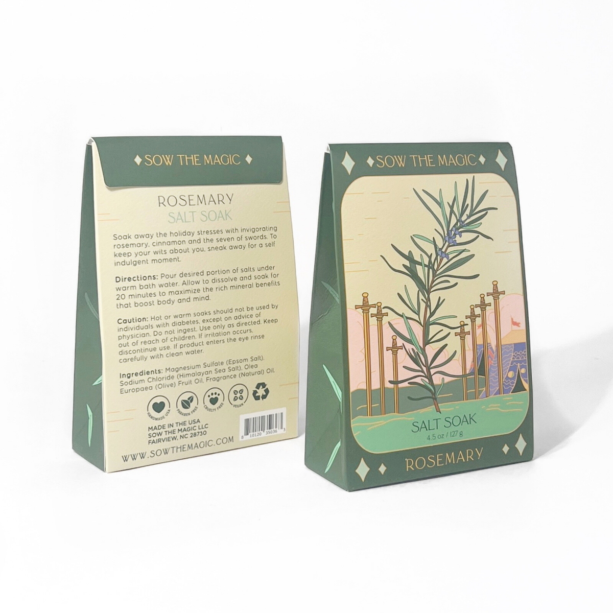 Front and back of Sow the Magic Rosemary Tarot Salt Soak packaging featuring rosemary and sword illustration