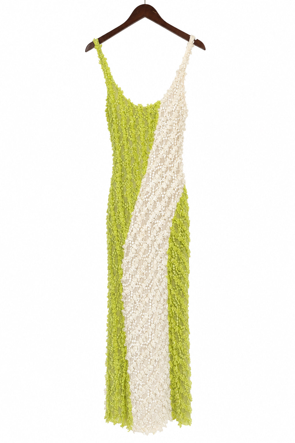 Selva Negra lime green and cream textured mesh maxi dress with asymmetric color blocking, size small.