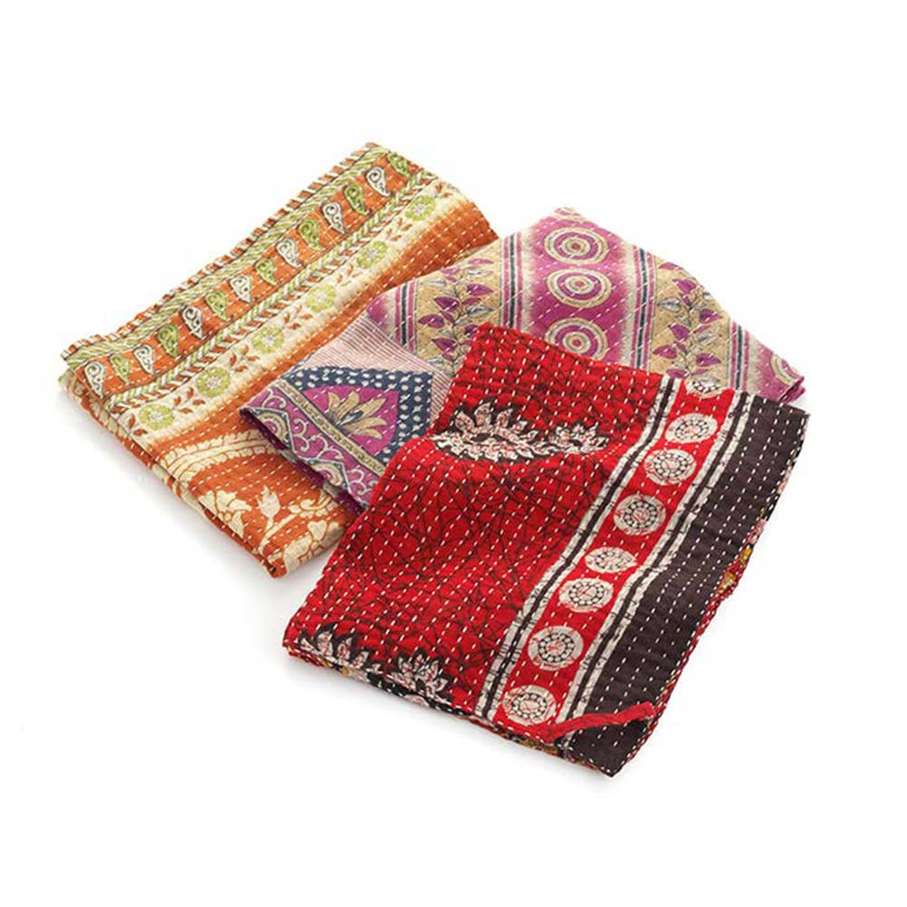 Set of three SERRV International Kantha dish towels with assorted colorful patterned fabric