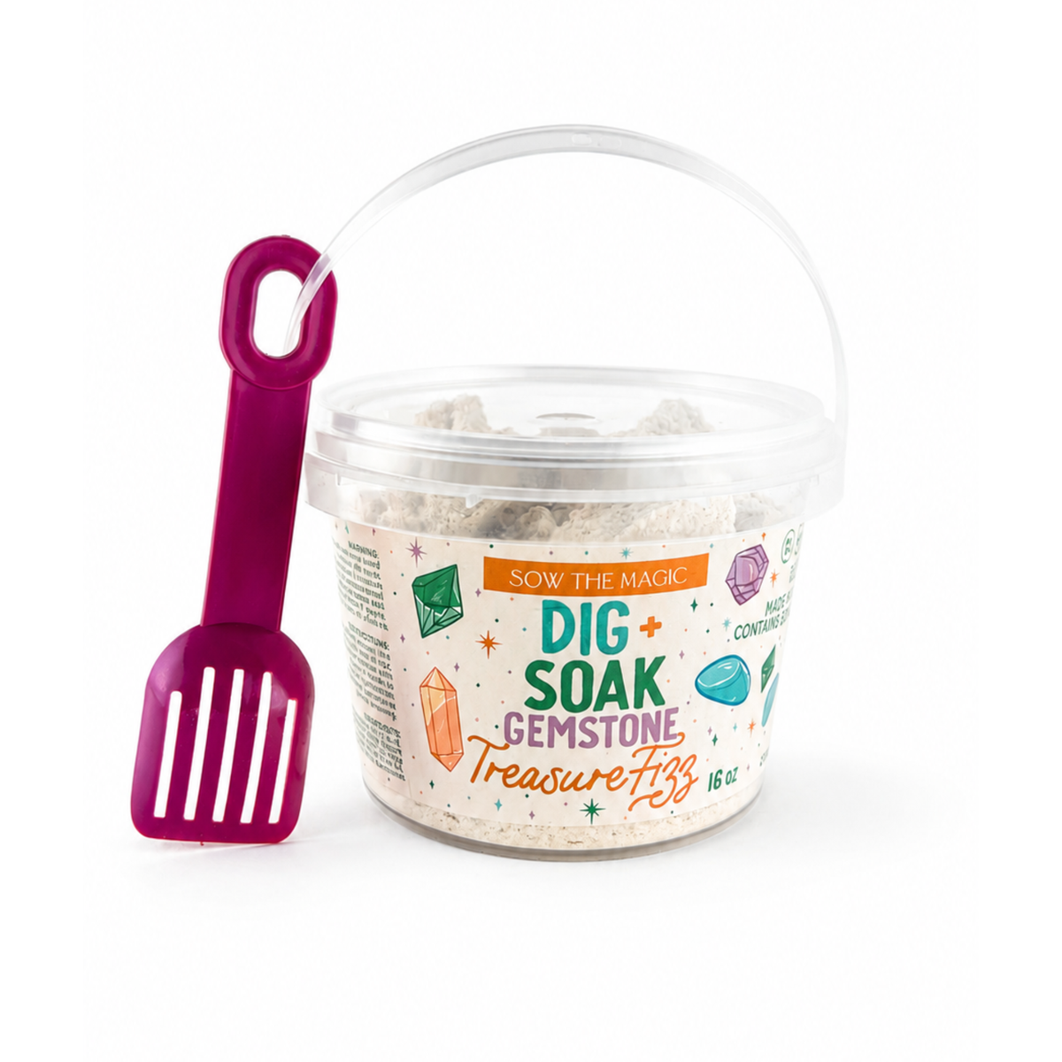 Sow the Magic Dig and Soak Surprise Gemstone Treasure Fizz bucket with a purple plastic shovel