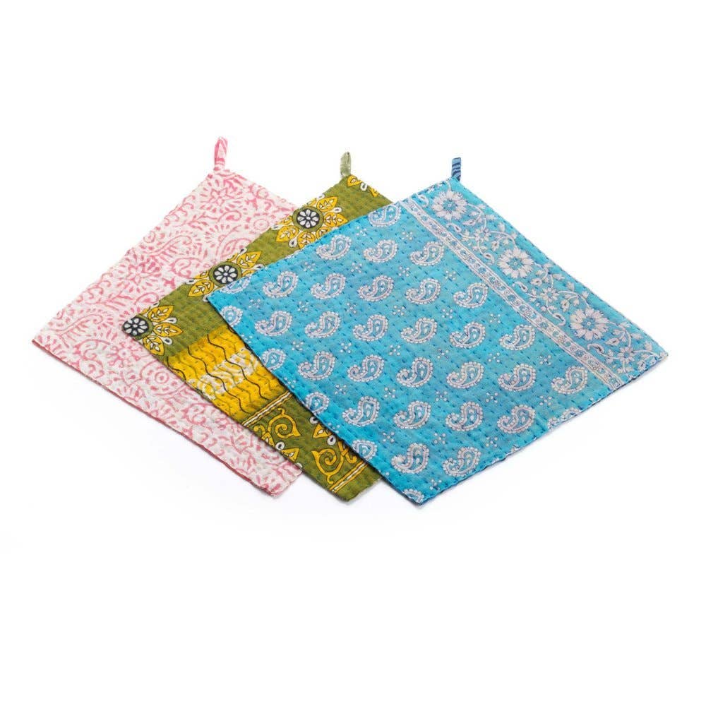 Set of three SERRV International Kantha dishcloths with pink, green, and blue paisley patterns