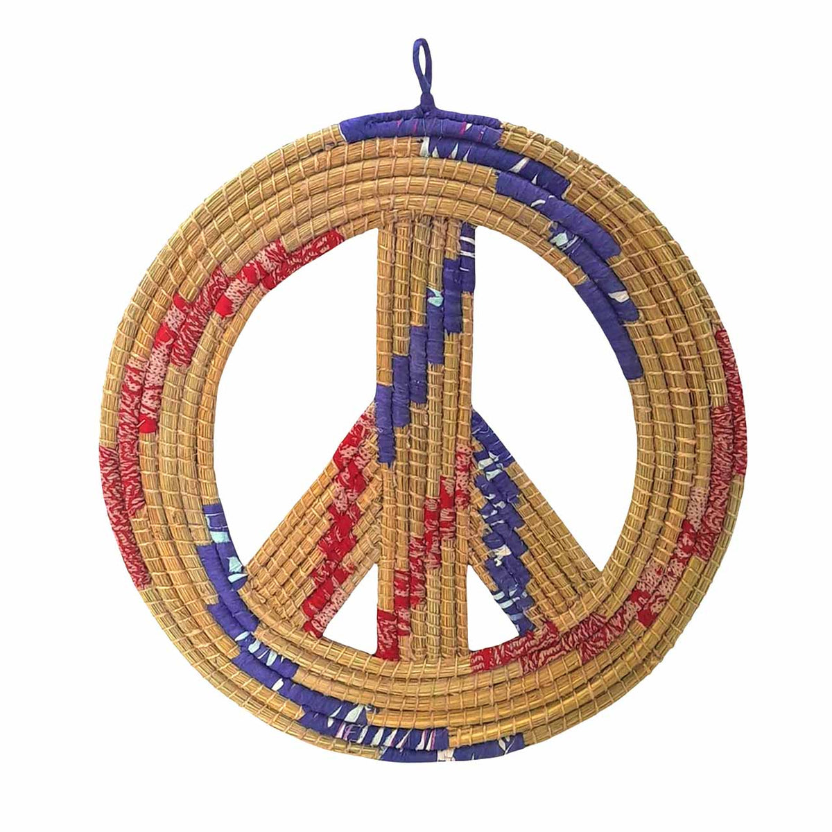 SERRV International upcycled sari peace wreath made of woven natural fibers and colorful fabric strips
