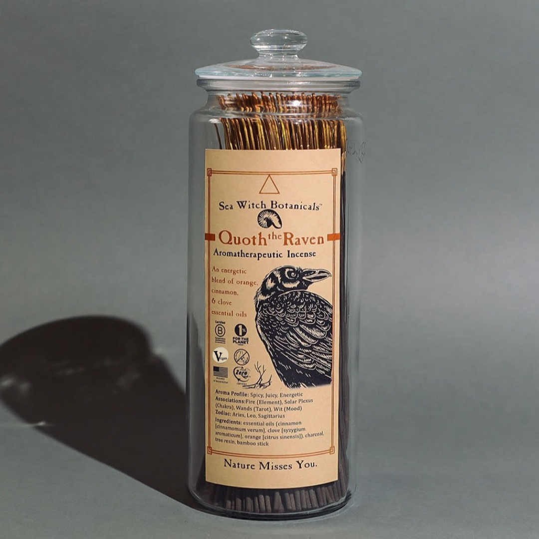 Sea Witch Botanicals Quoth the Raven incense sticks in a glass jar with a raven illustration label