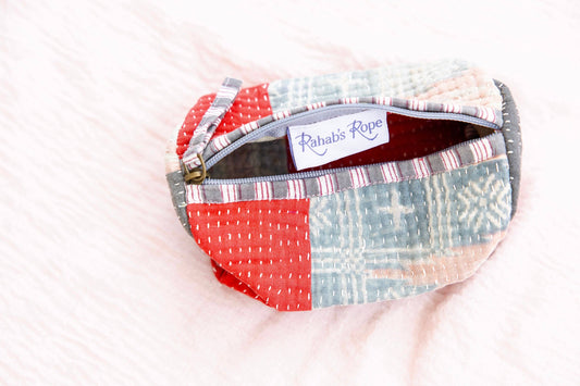 Rahabs Rope antique kantha patchwork pouch with zipper opening and internal brand label