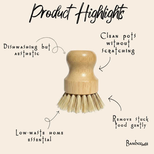Bamboo Switch pot scrubber with wooden handle and natural bristles featuring product highlight text