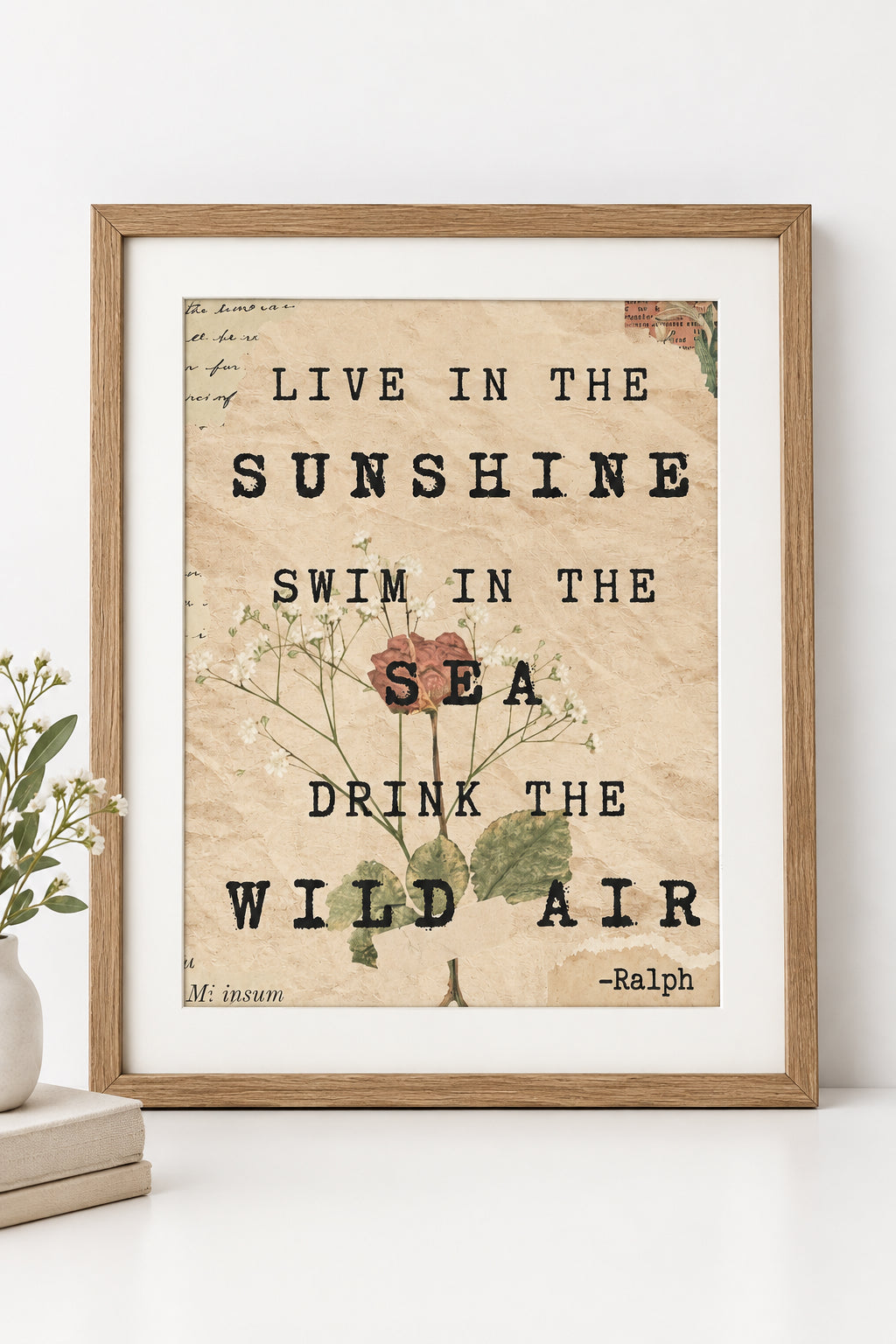Appalachian Surf Soap Co Live In The Sunshine framed print with vintage paper background and floral illustration
