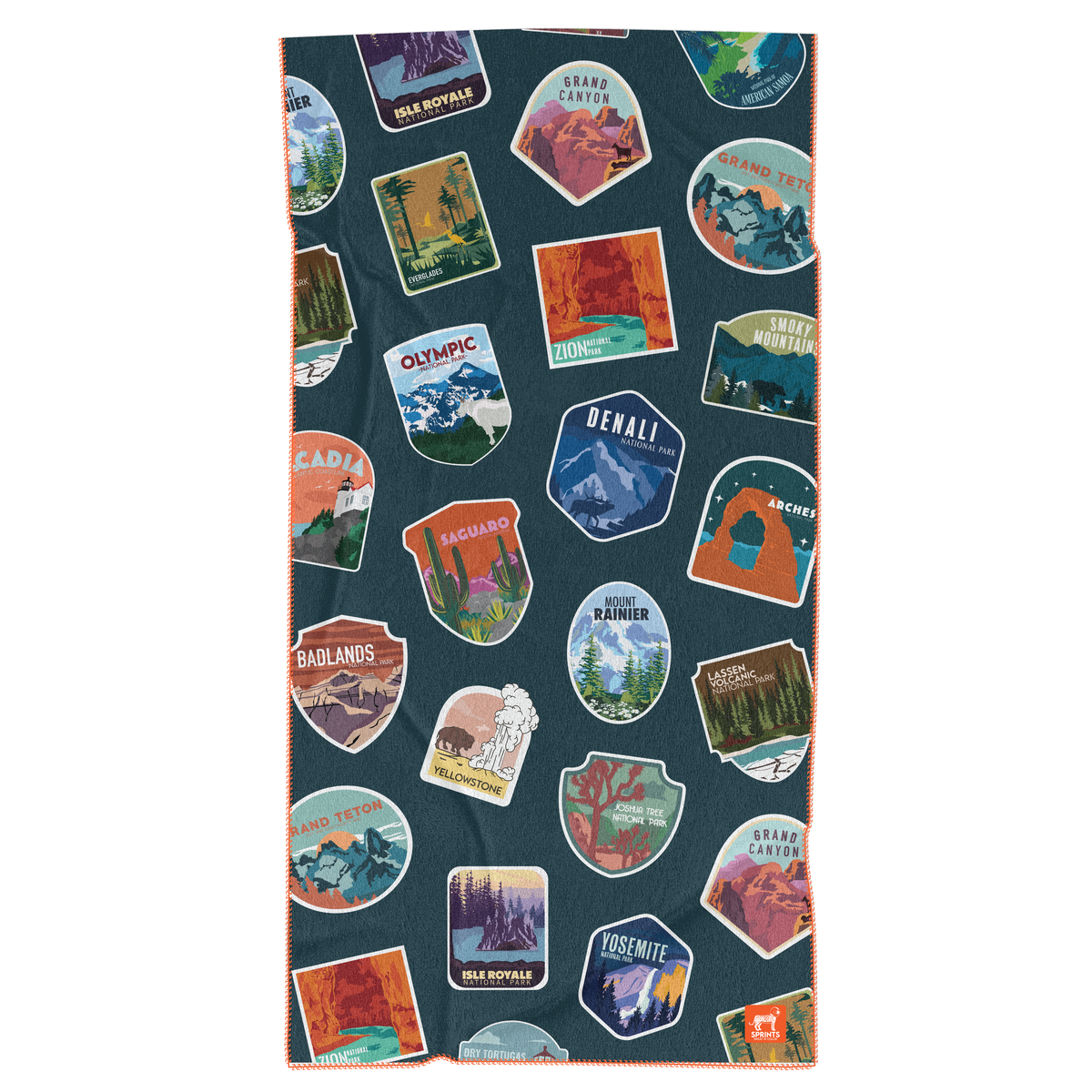 Towel with national park logos on a blue background