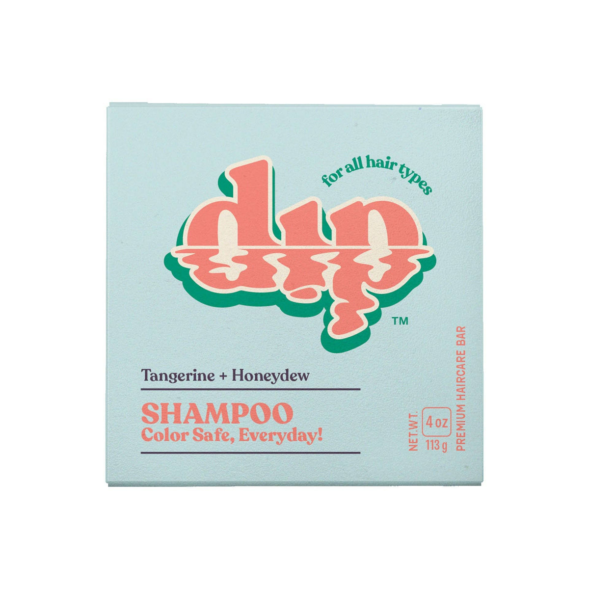 Shampoo bar packaging with 'dip' branding on a light blue background