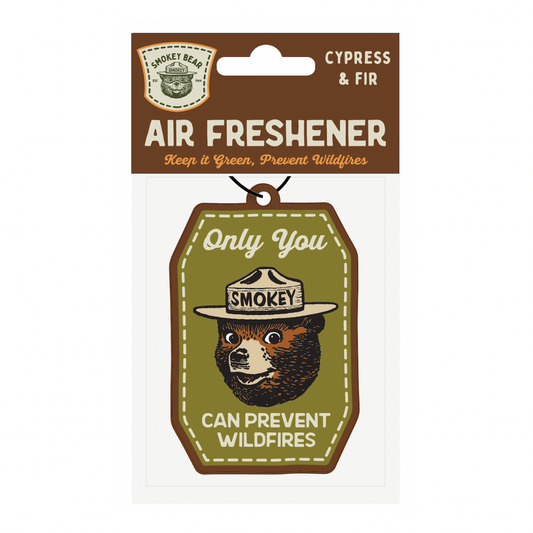 Smokey Bear air freshener with green and brown design on a white background