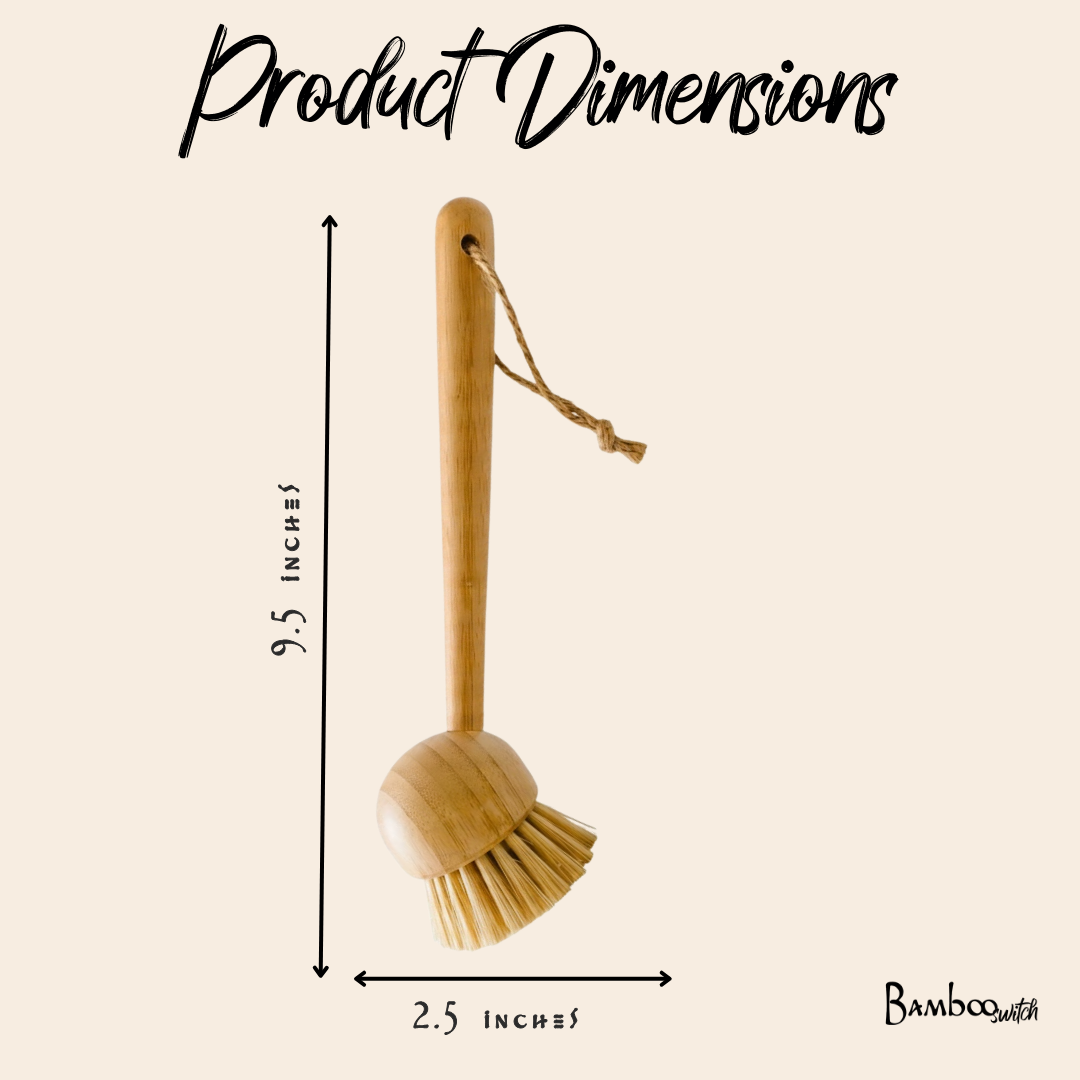 Wooden dish brush with dimensions labeled on a beige background